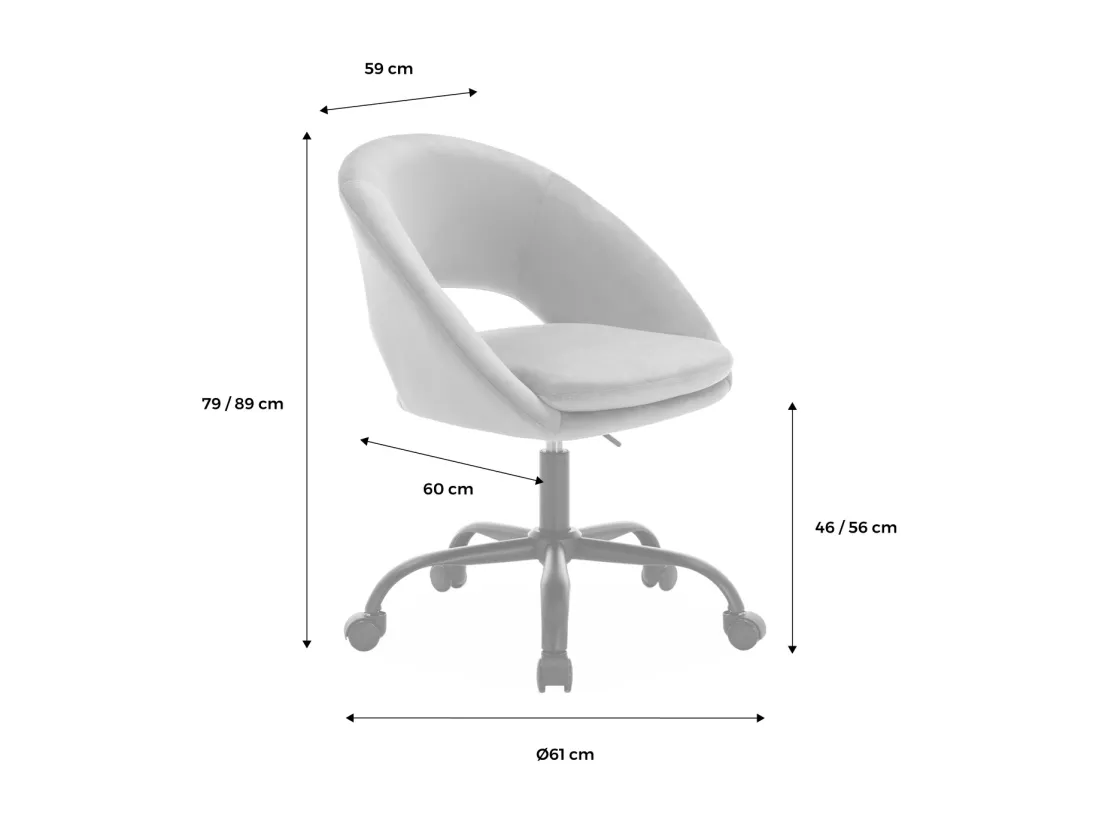 Chaise de bureau ronde à roulettes en velours blanc cassé. Pam. L 59 x P 60 x H 79 / 89cm