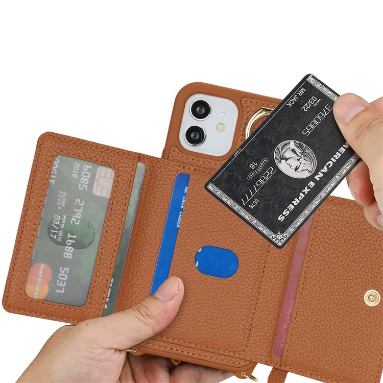iPhone 12 / iPhone 12 Pro Necklace Leder Hülle mit Münzfach und Kartenfächer   Finger Griff Halterung   Handykette - Braun