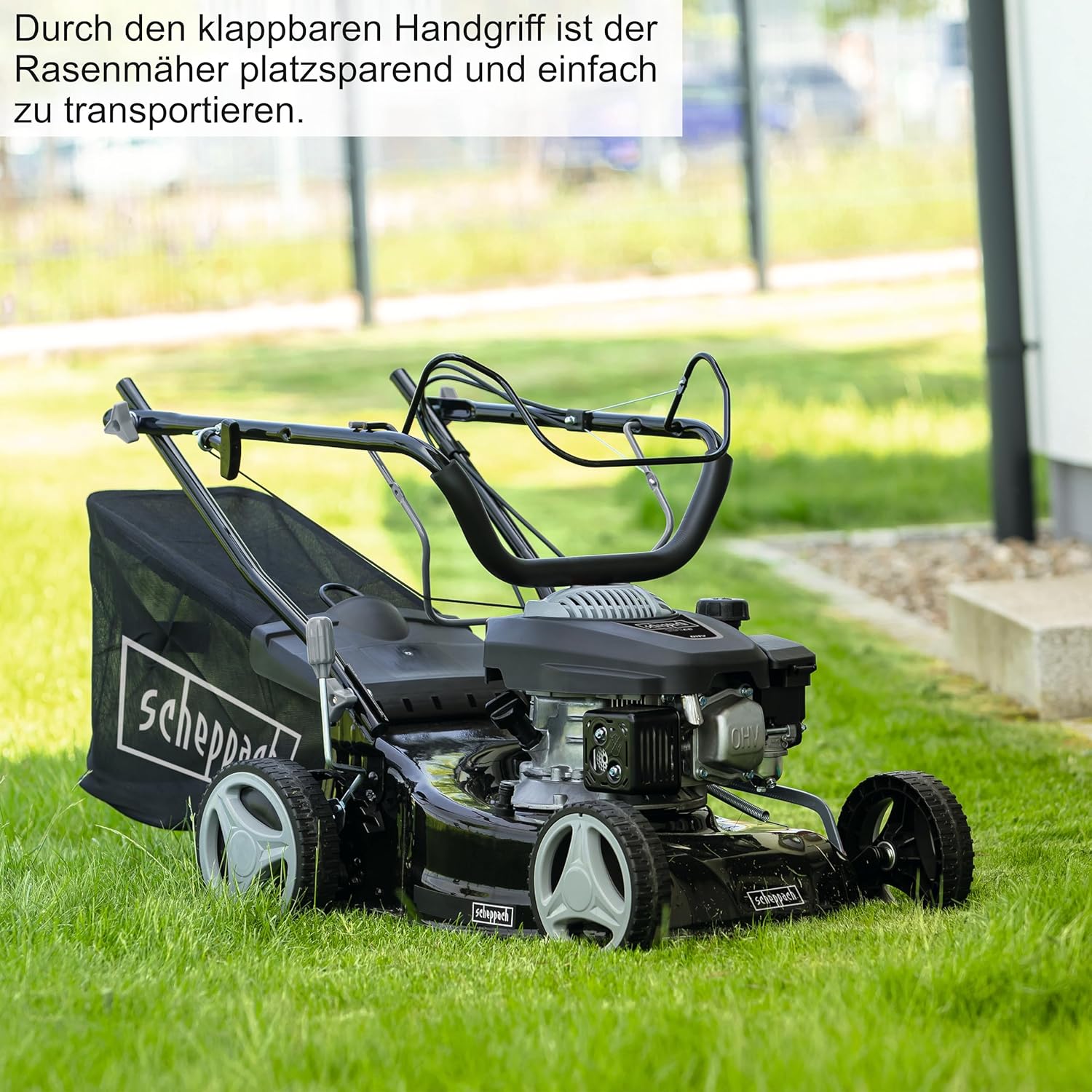 Scheppach MS132-42B Benzin Rasenmäher Black Edition mit Antrieb | für Rasenflächen bis 800m² | Schnittbreite 42cm | Leistung 3,3PS | Schnitthöhenverstellung in 7 Stufen (25-75mm) | Fangbox 45L