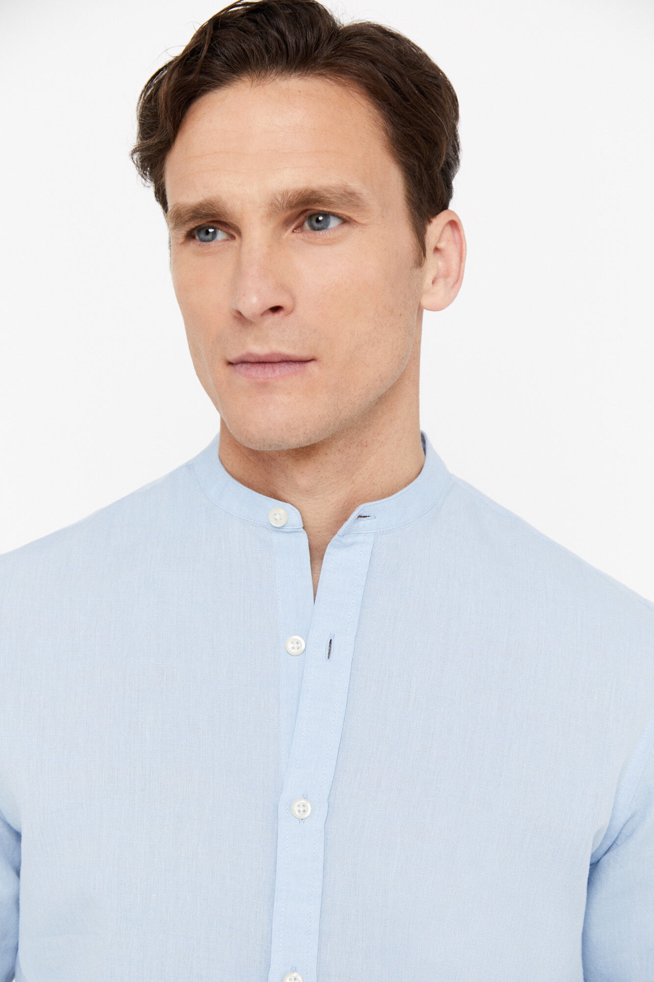 Camisa de linho e algodão com gola mandarim - Azul
