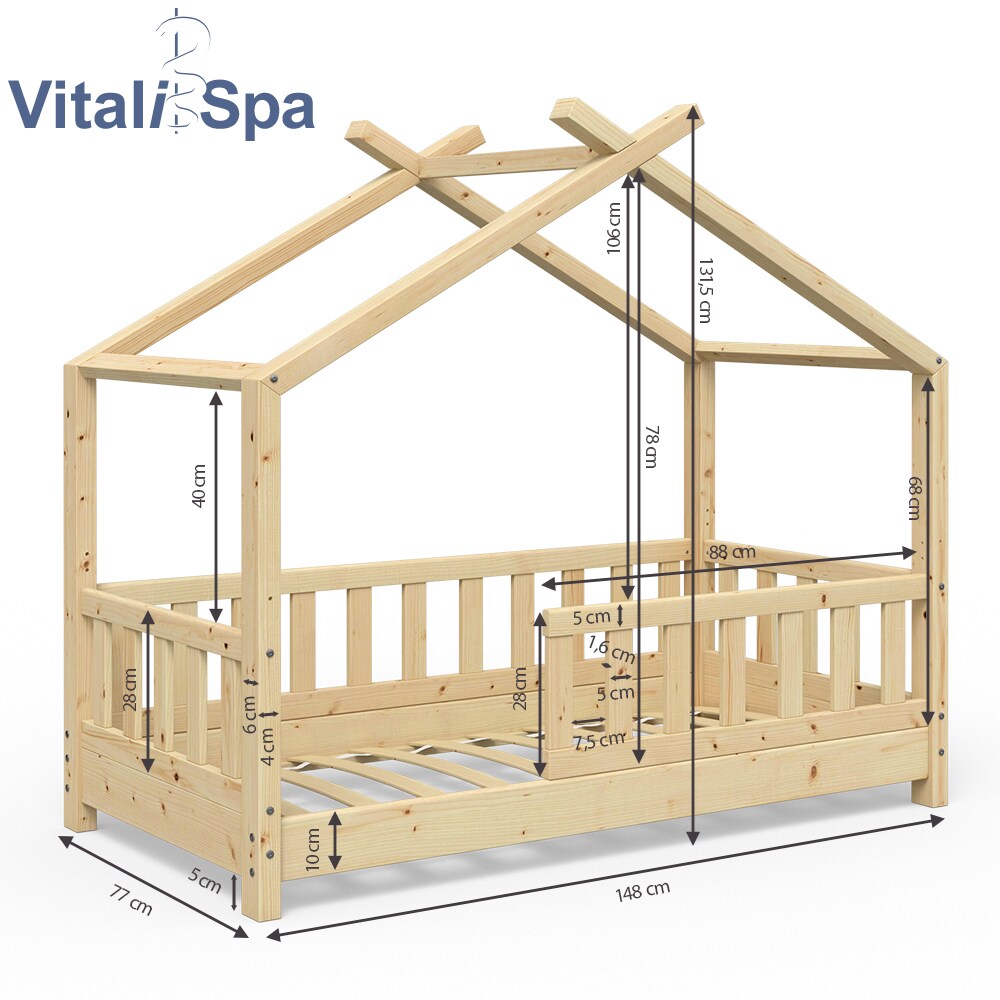 VITALISPA Kinderbett Hausbett DESIGN 70x140cm Natur Zaun Kinder Holz Haus Hausbett mit Matratze