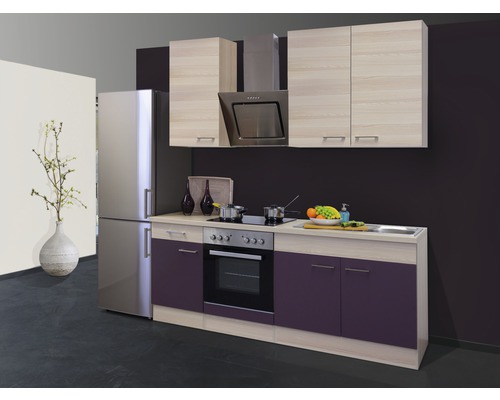 Flex Well keukenblok met apparatuur Focus 210 cm acacia aubergine mat gedemonteerd omkeerbaar uitvoering 00009840