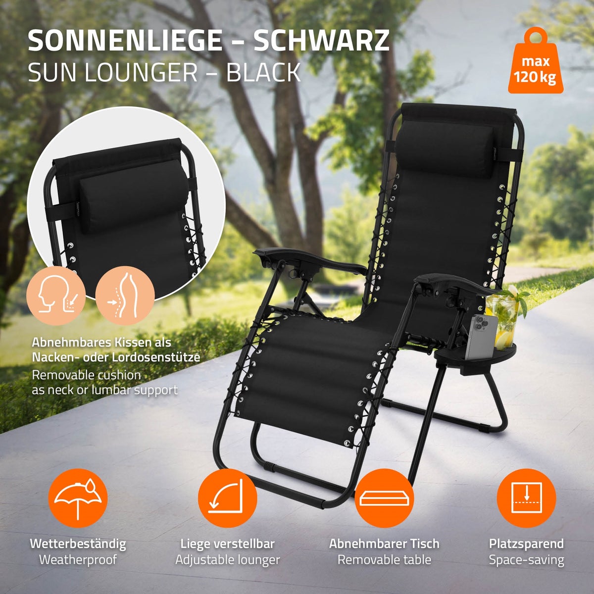 ML-Design Set van 2 opvouwbare ligstoelen, zwart, ligstoel met verstelbare hoofdsteun en rugleuning, tuinligstoel met vetersysteem, zero gravity outdoor relaxstoel, tuinstoel met bekerhouder