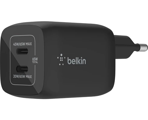 Belkin 65W GaN Dual PD/PPS mini snabbladdare för laptop, mobil, sufplatta Svart