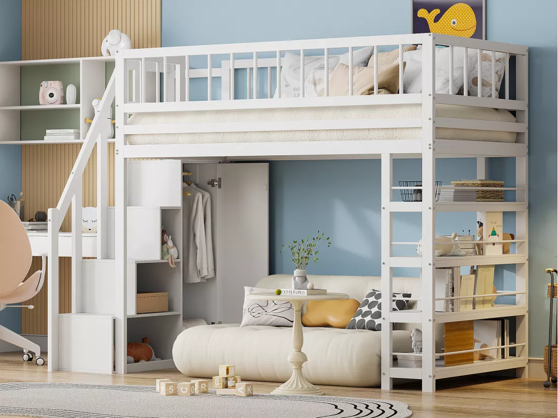 Lit mezzanine 90 x 200 cm - étagères + armoire + espace de rangement - bois massif - blanc