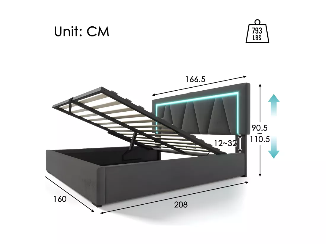 Lit coffre rembourré 160x200cm avec LED et Port de charge USB et Type-C - Tissu en Lin - sommier à lattes - Gris