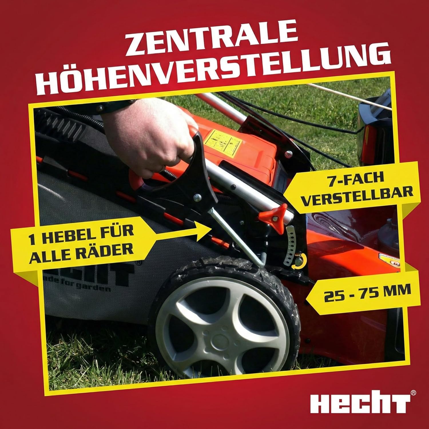 HECHT 5-IN-1 Benzin Rasenmäher – leistungsstarker 4 Takt Eco Motor 4,4 kW (6,0 PS) – Seilzug Starter – mit 53 cm Schnittbreite – 75 l Fangkorb – Radantrieb – patentierte Räder – EasyClean – Mulchmäher
