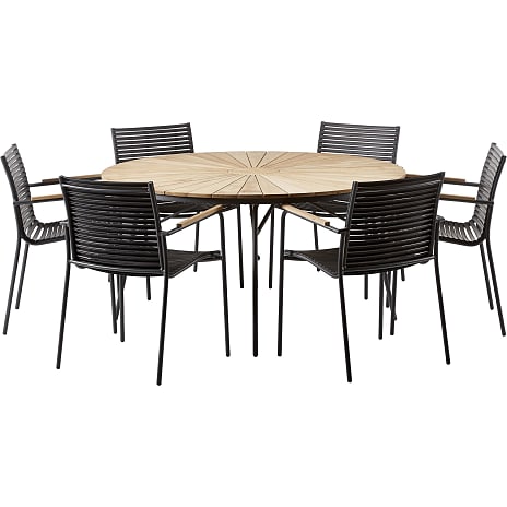 Kerteminde teak bord Ø150 cm, antracit stel med 6 Mood stole