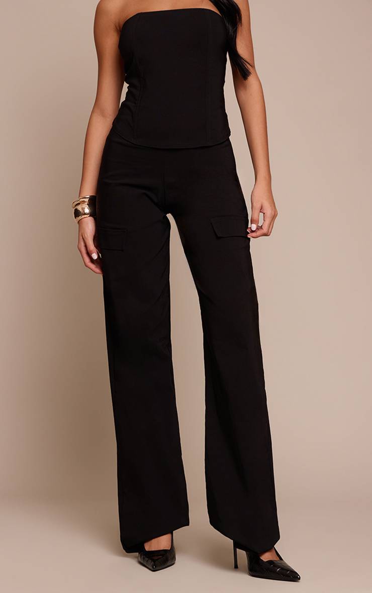 Noir Pantalon Cargo Taille Basse En Tissu Extensible Tissé