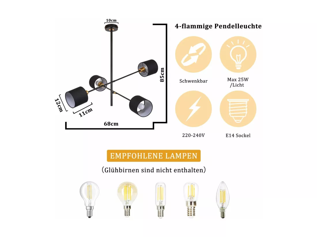 NETTLIFE Suspension Métal Noir E14 Max. 25W Diam. 85 cm 4 Ampoules Abat-Jour Salon Lampe de Salle à Manger Vintage Plafonnier Lampe de Cuisine pour