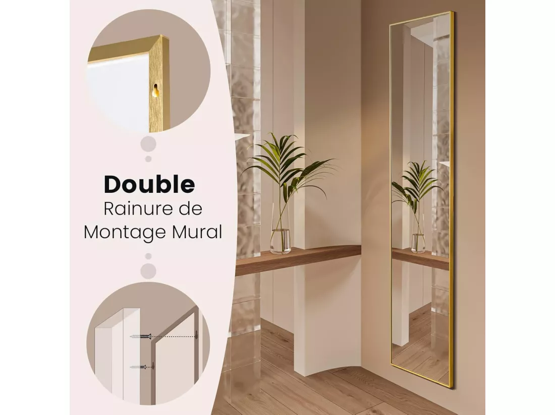 Miroir sur pied rectangulaire-miroir mural, 40 x 160 cm, angle d'inclinaison réglable, or