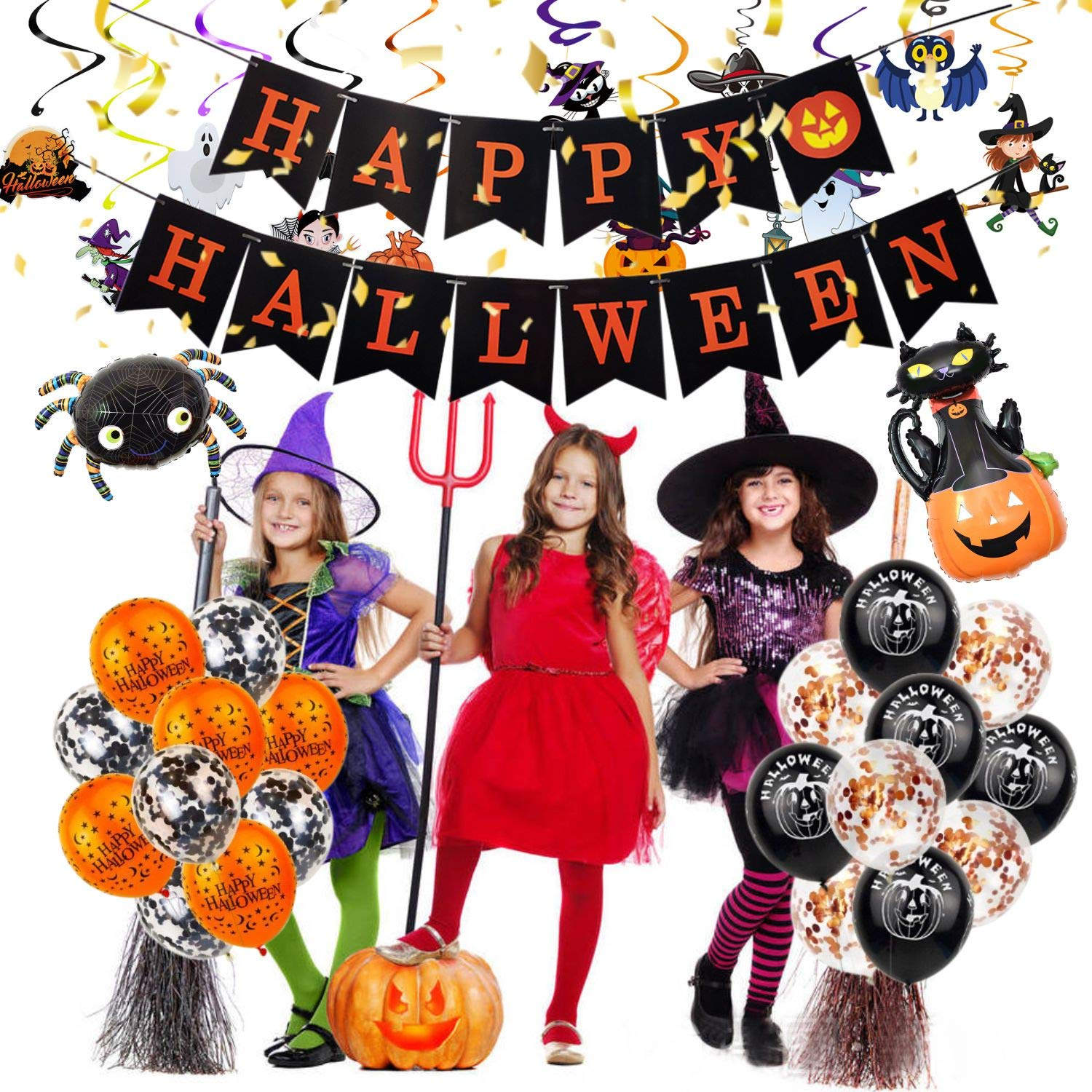(61-tlg. Set) Happy Halloween Girlande Spinnen Folien Ballon Party Deko   Latex Luftballons / Spiral Girlande - Schwarz / Orange