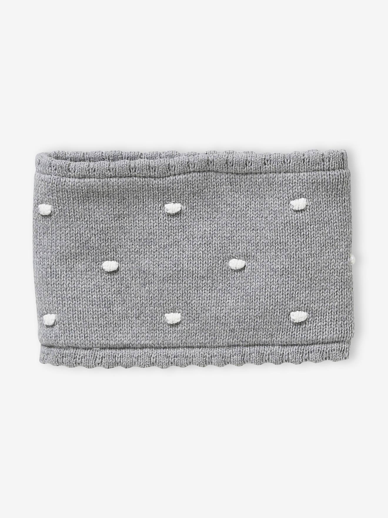 Conjunto de gorro, cachecol e luvas de bolinhas para bebê menina, cinza mescla escuro.