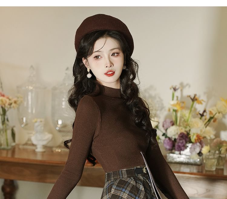 Cocaliso - Mock Neck Effen Geribbelde Trui / Geruit Vest / Hoge Taille Midi A-lijn Rok / Set