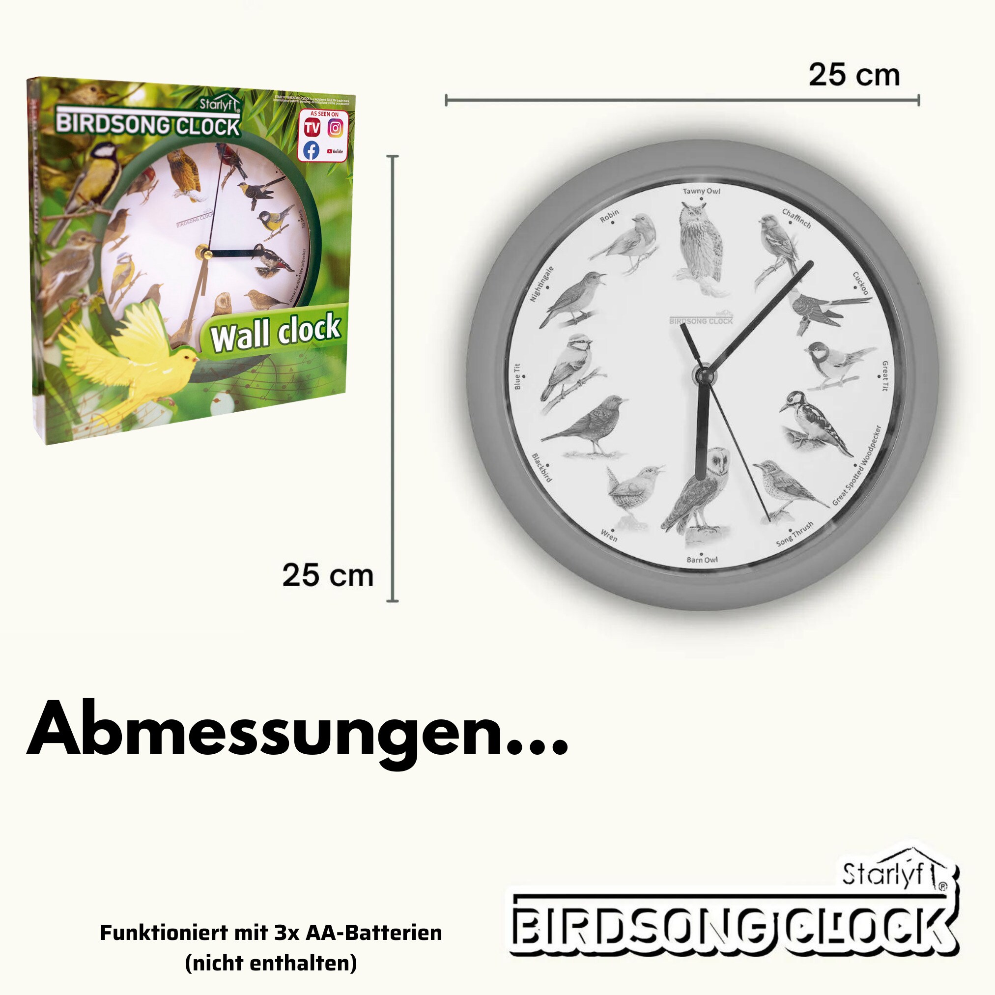 Starlyf® Wanduhr - Uhr mit natürlichen Vogelstimmen Birdsong Clock