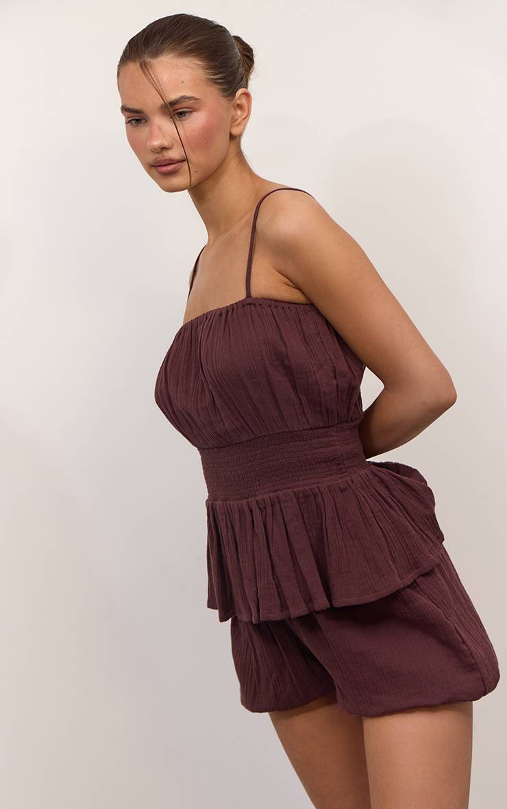 Marron Ensemble Haut Froncé En Gaze Texturée