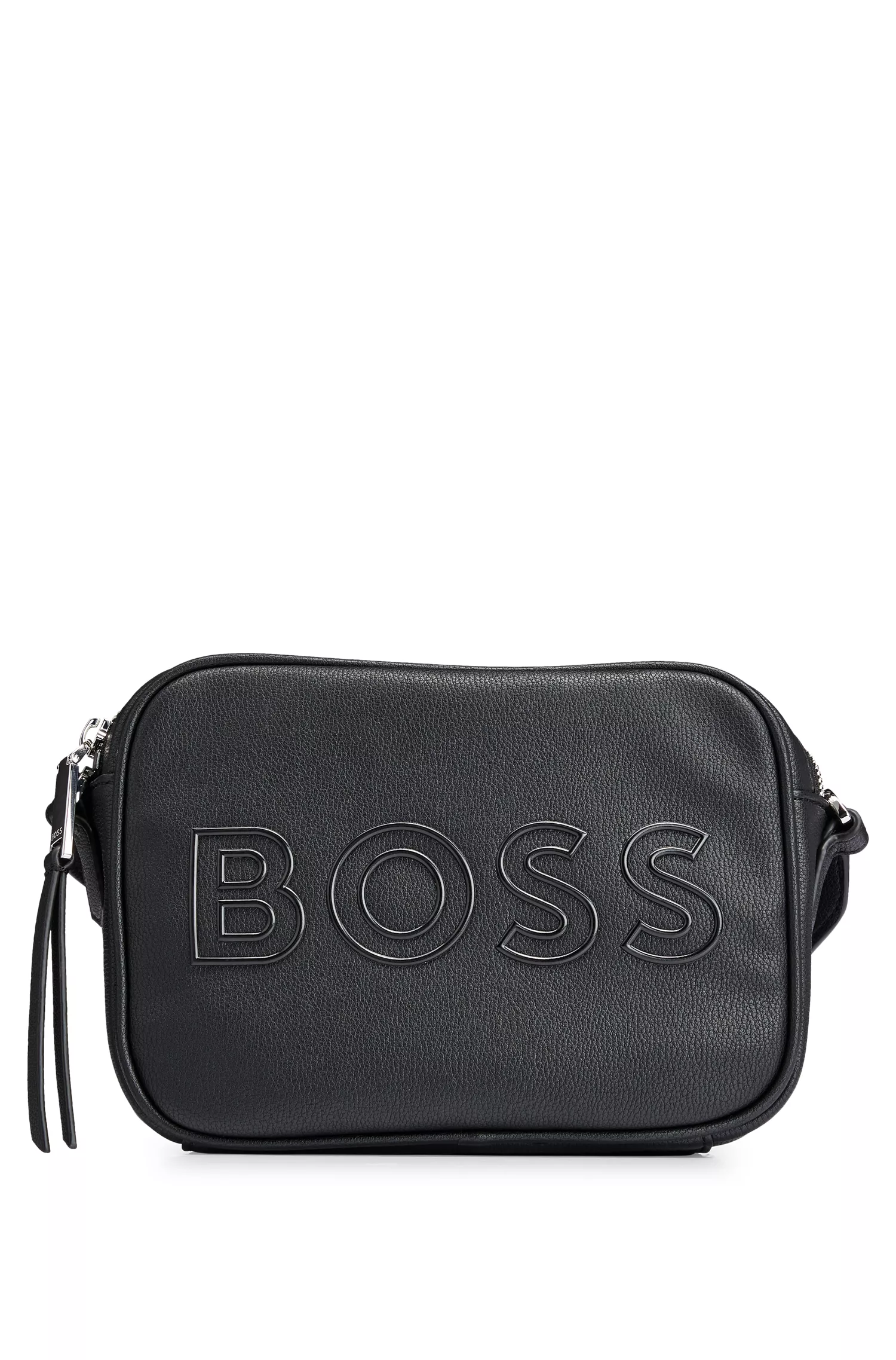 Bolsa transversal BOSS em couro sintético granulado preto com logotipo em contorno.