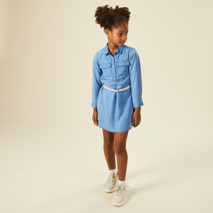 Robe chemise avec ceinture tressée pour fille - Bleu