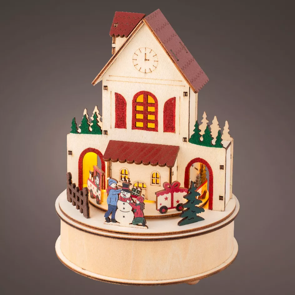 Village de Noël en bois lumineux et musical à piles (H20 cm) Maison joyeuse Colorée