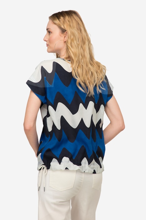 Bluse, oversized, Zackenmuster, V-Ausschnitt, Halbarm