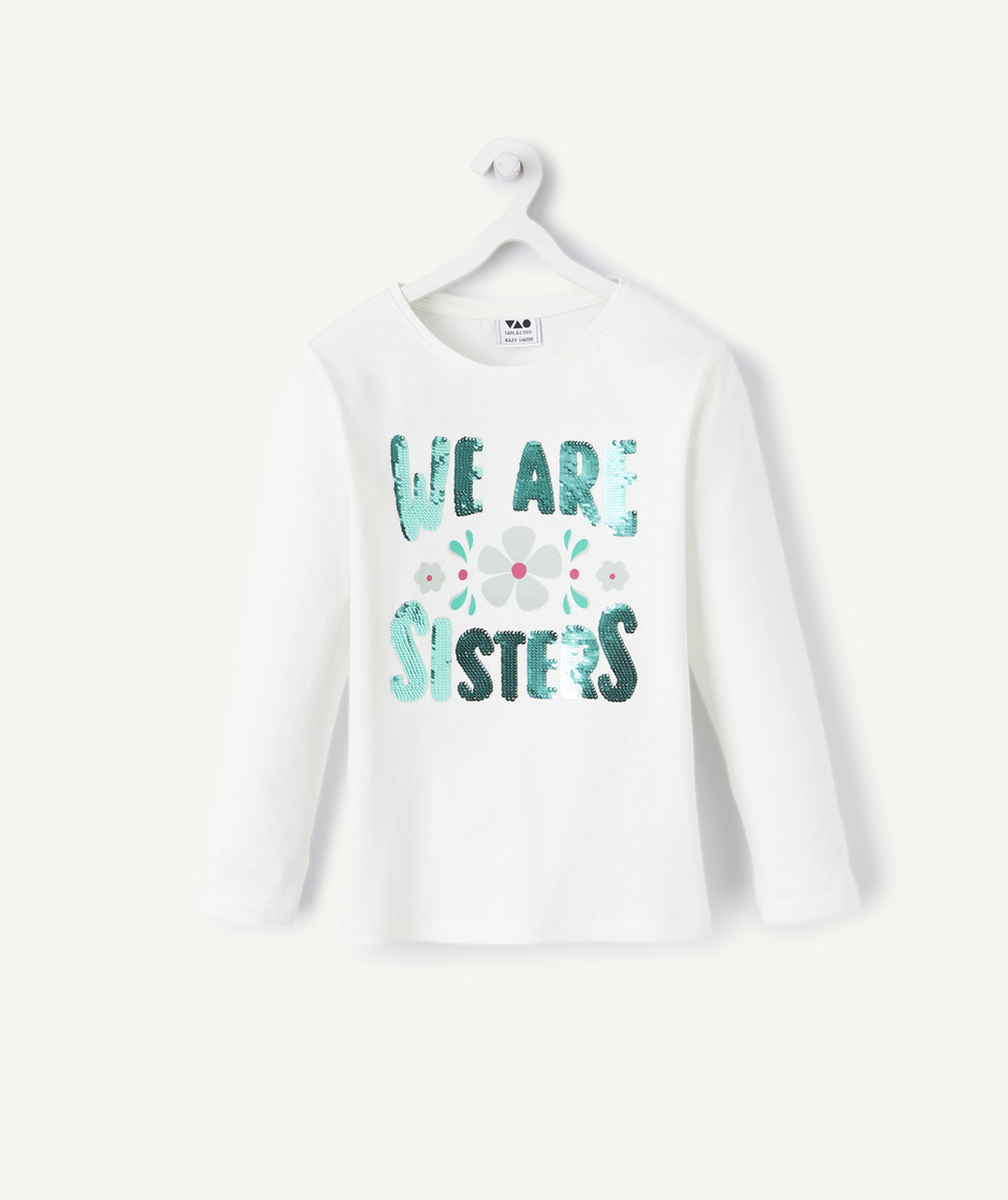 T-SHIRT FILLE EN COTON BIO BLANC AVEC MESSAGE SISTERS EN SEQUINS VERTS