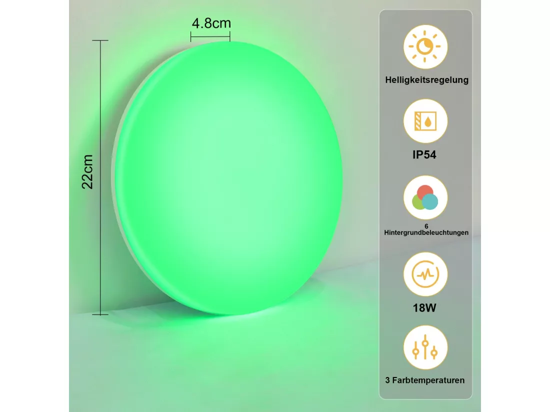 NETTLIFE plafonnier LED salle de bain dimmable avec télécommande plat Ø22CM 18W lampe de cuisine ronde RGB lampe de couloir IP54