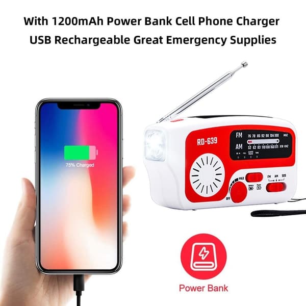 AM/FM nødradio Håndveivlommelykt SOS Solcelle PowerBank USB