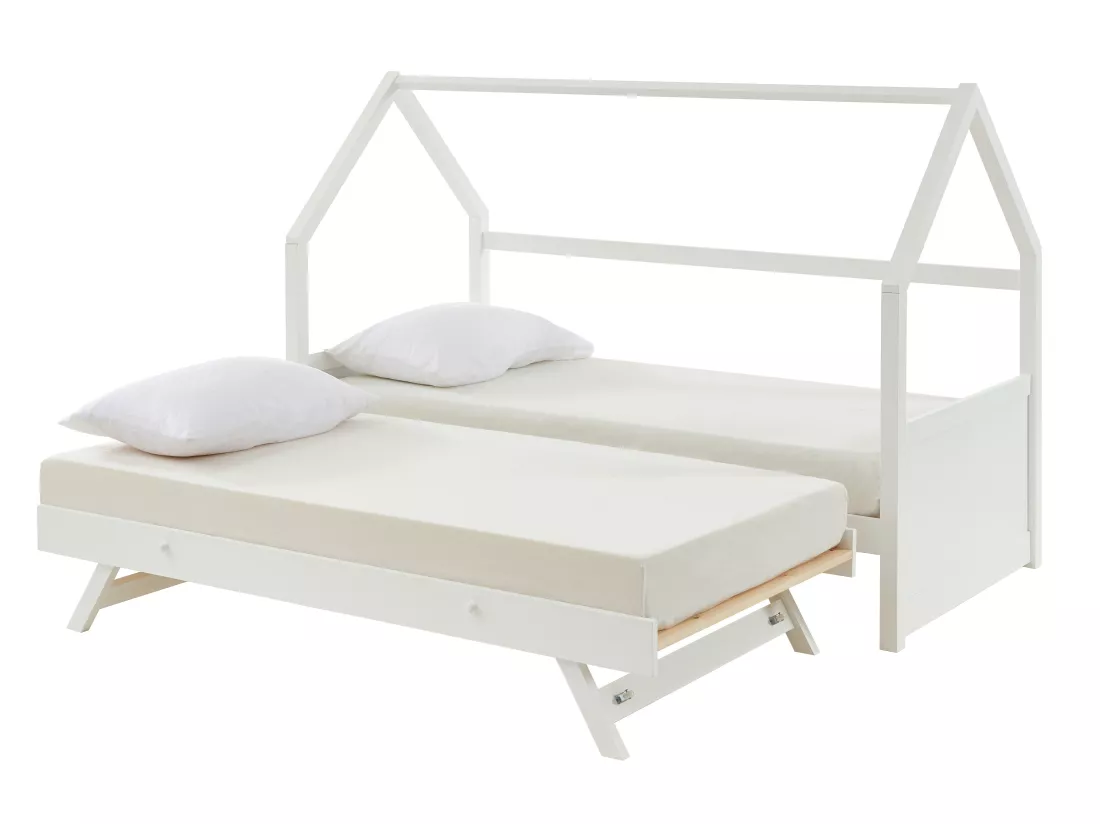 Lit gigogne cabane 2 x 90 x 190 cm - Pin - Blanc + Matelas - HURRA