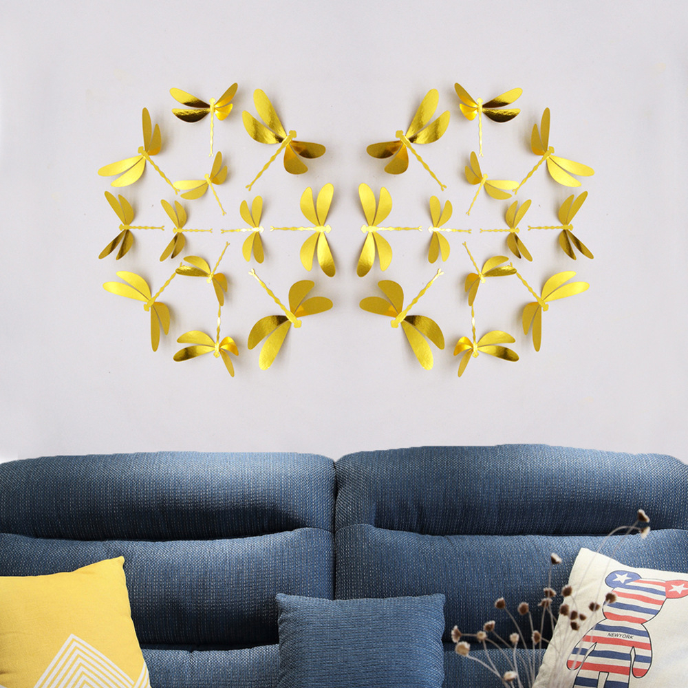 (12er Set) 3D Libellen Sticker Bastel Aufkleber Home Deko für Wände / Geschenke - Gold
