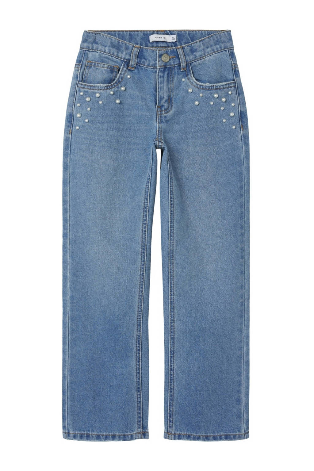 NAME IT high waist straight leg jeans NKFROSE met all over print medium blue denim