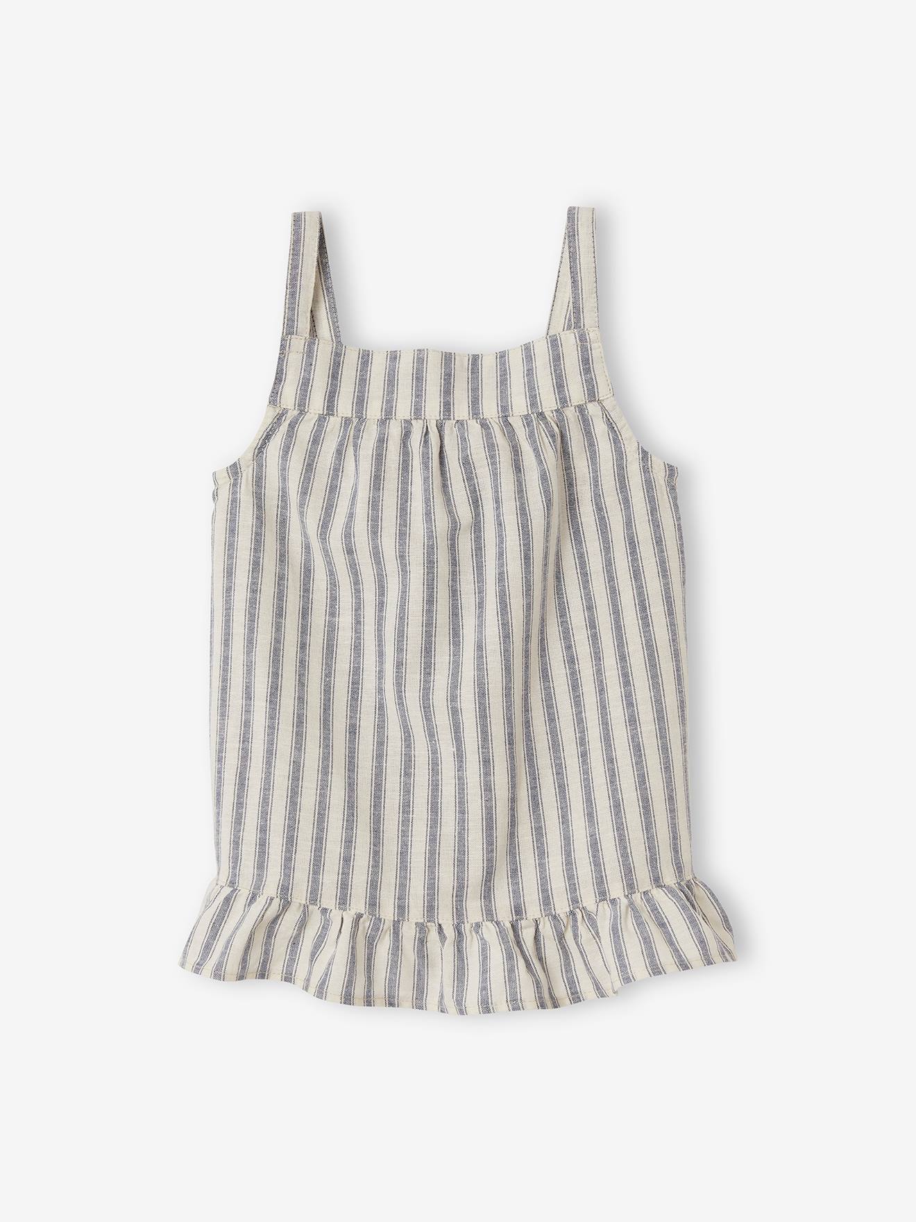 Conjunto listrado para meninas, composto por blusa sem mangas com babado e shorts combinando, listrado em branco escuro.