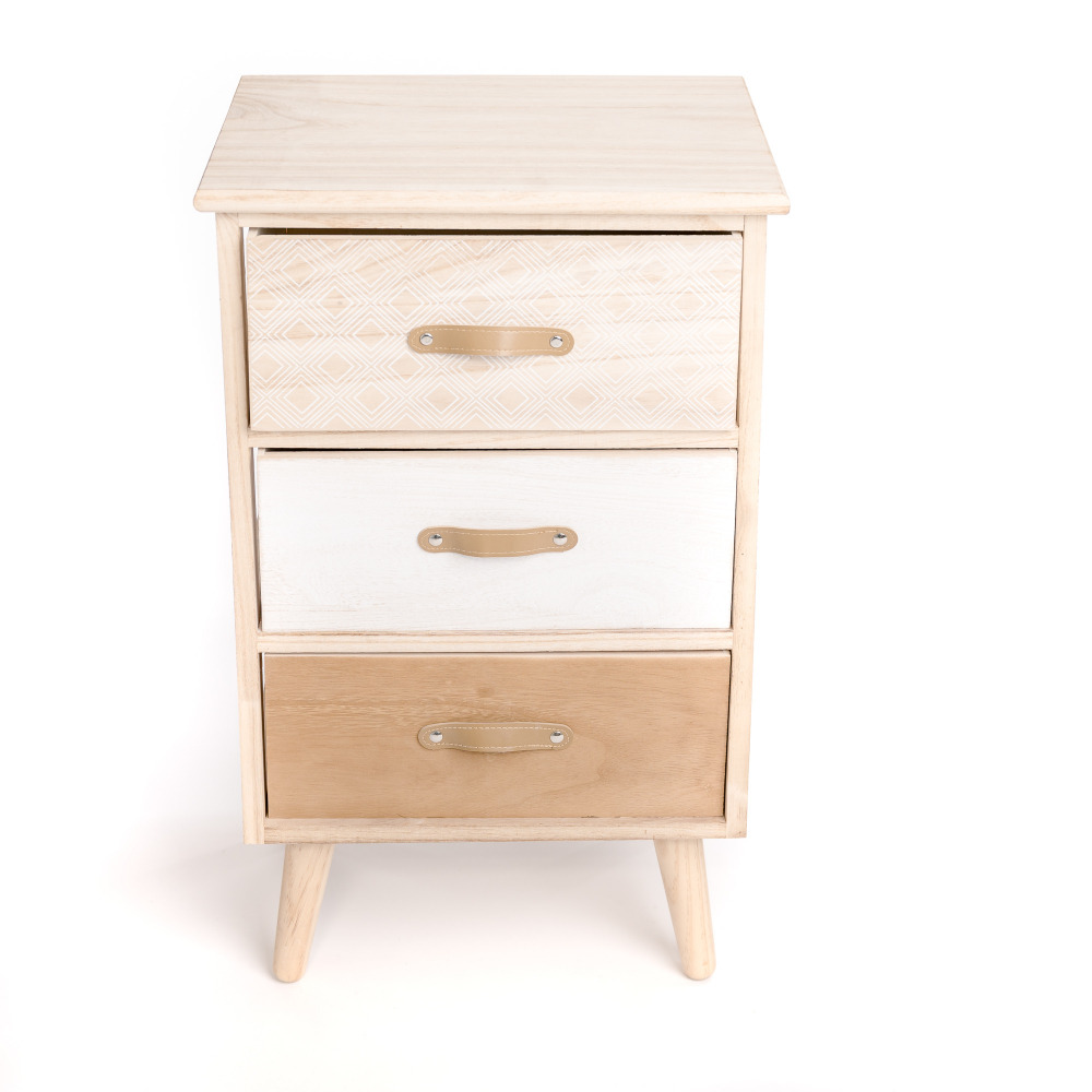 Meuble de rangement, table de chevet, chiffonnier bois pin blanc beige motif ethnique 3 tiroirs poignée effet cuir 40x29x66cm