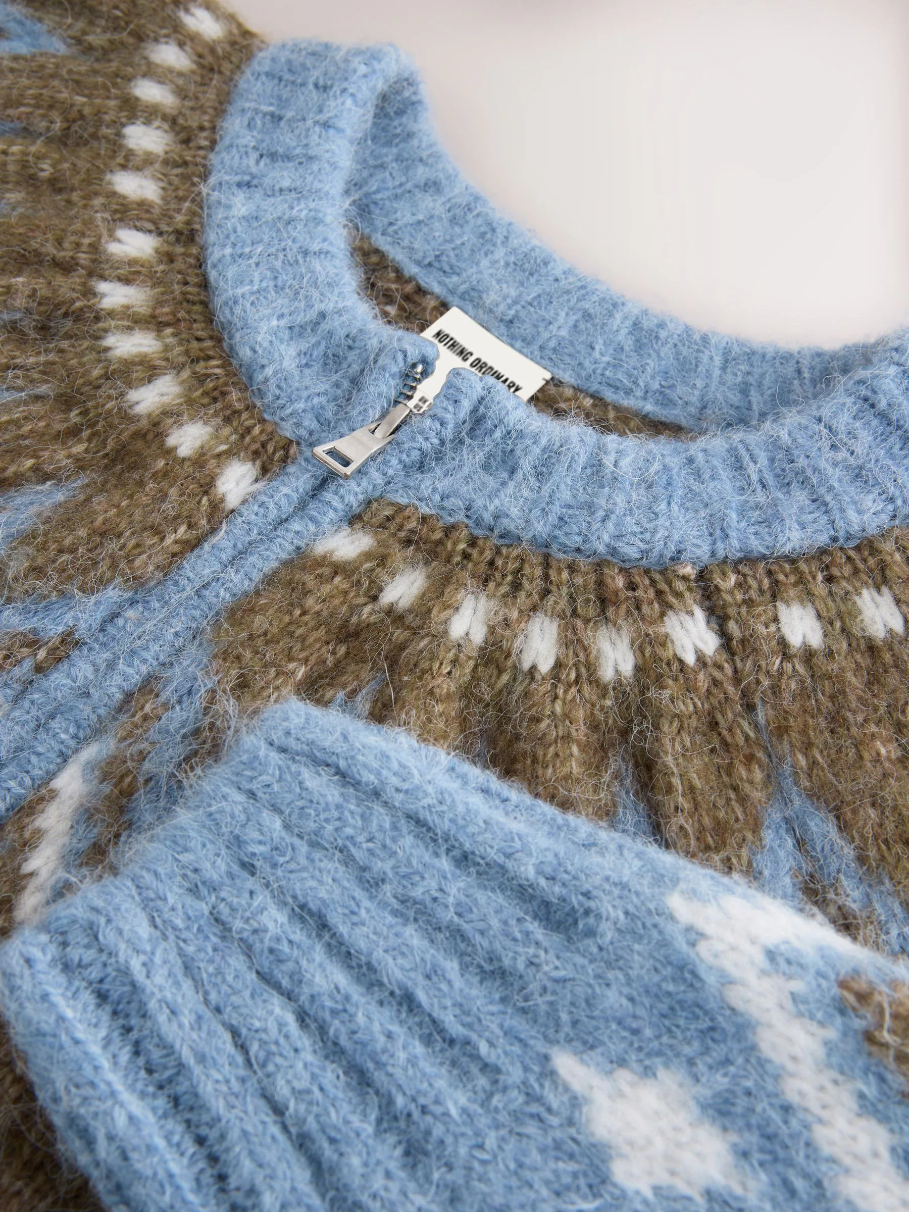 Blauw - Nothing Ordinary Check Fairisle Pattern Knit Zip Through Jumper With Wool