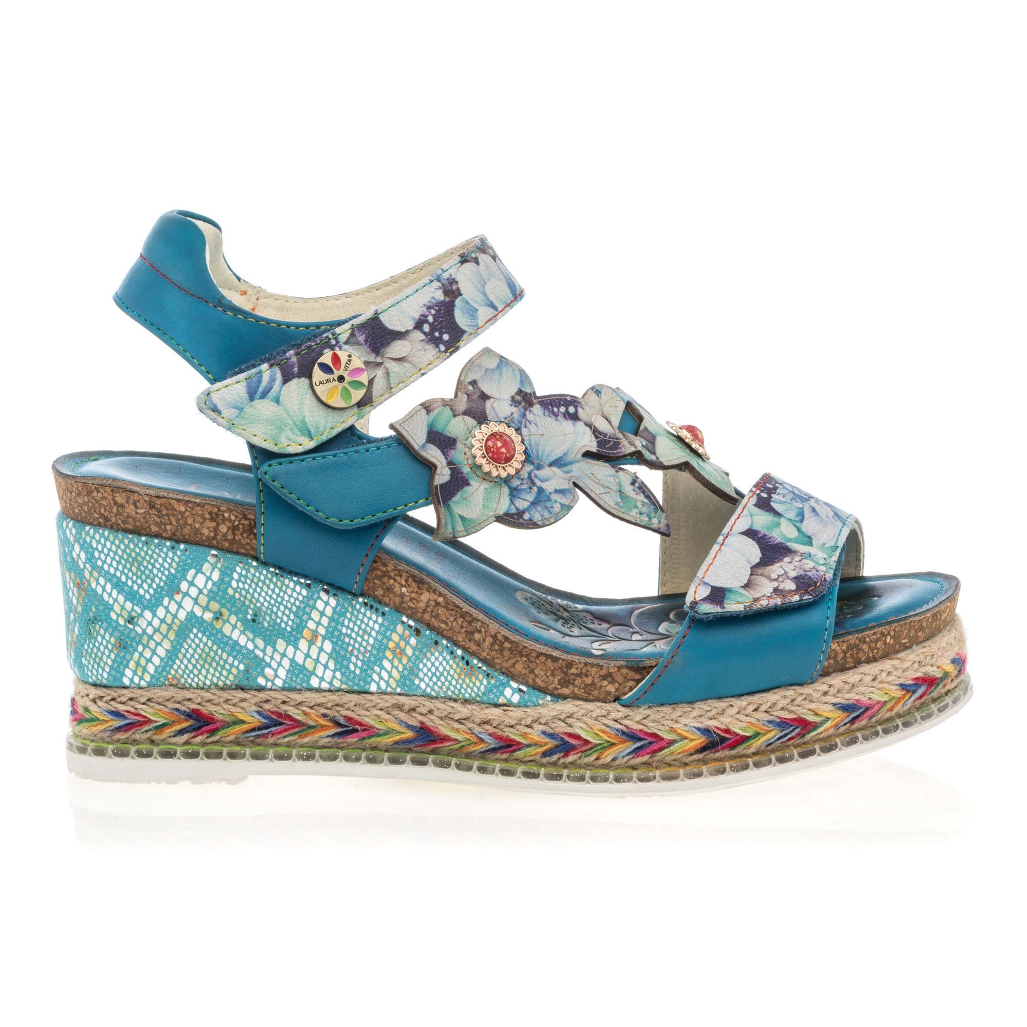 Sandales à talon compensé Femme en cuir turquoise