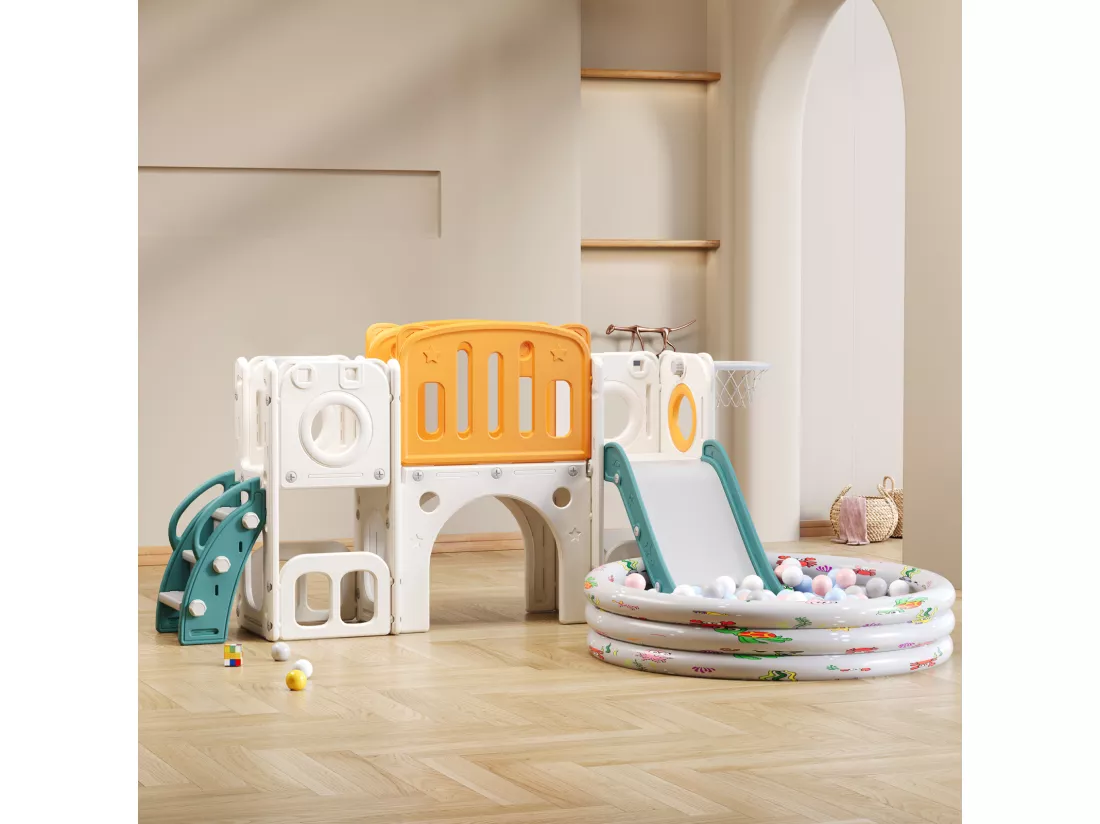 Toboggan 6 en 1 en PEHD pour enfant, avec plate-forme, escalier, 2 zondes de rangement, arcade, panier de basket, vert