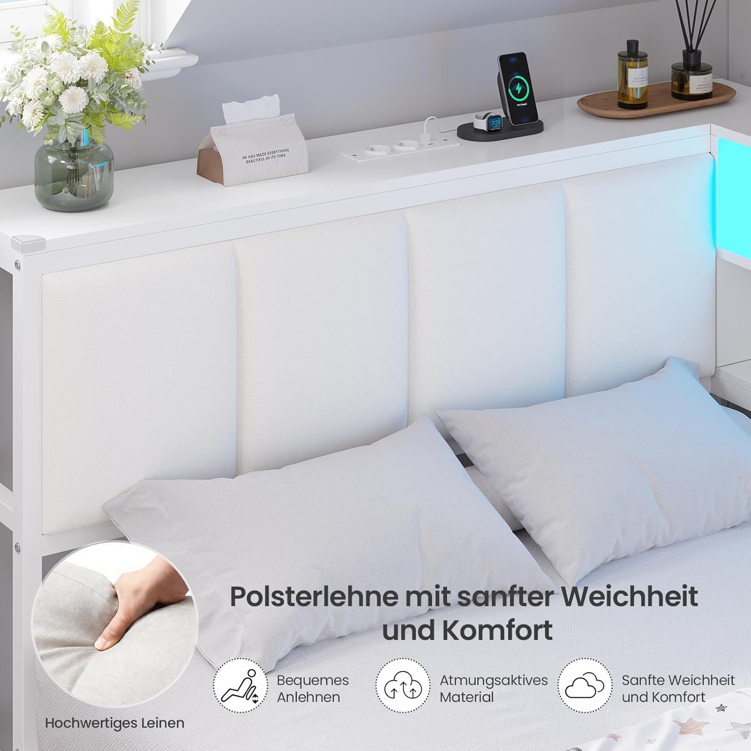 Polsterbett Schlafsofa, Jugendbett 90x200 cm mit 6-Schubladen-Kommode und Integrierter Schreibtisch, Tagesbett mit LED-Beleuchtung und Ladestation, Bett 90x200 cm mit Polsterkopfteil, Weiß AO3238705