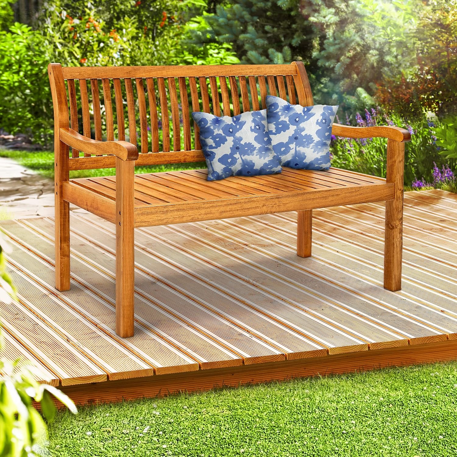 tillvex Gartenbank Holz 3-4 Sitzer inkl. Abdeckung wetterfest 150 cm | Parkbank Massivholz | Balkonbank Sitzbank 320 kg belastbar | Holzbank Gartenmöbel für Balkon, Terrasse & Garten