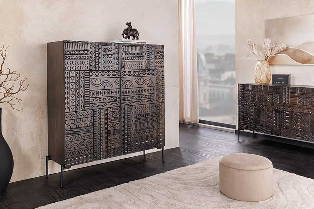 Massives Highboard TRIBAL 120cm antik braun Mangoholz 3D-Front viel Stauraum