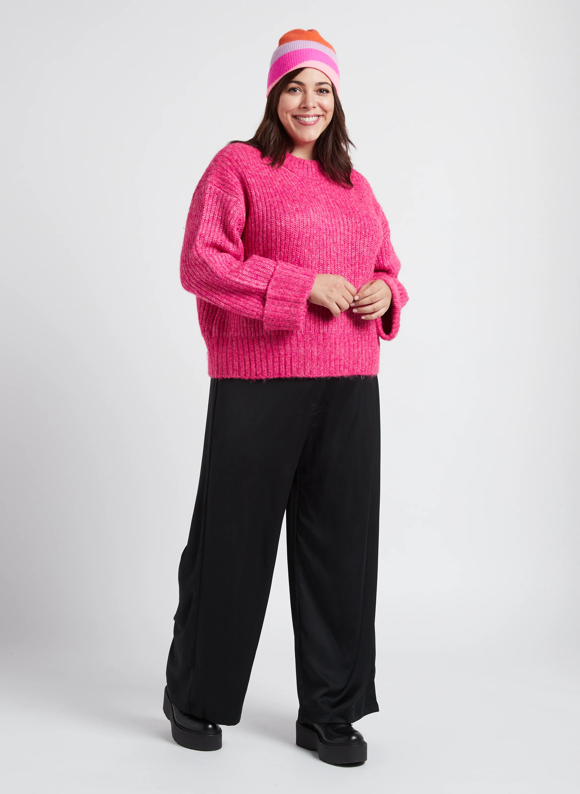 Pull ample col rond en maille mélangée | Rose