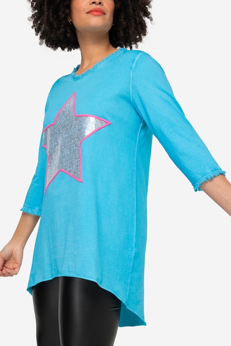 T-Shirt, A-Linie, Pailletten-Stern, V-Ausschnitt, 3/4-Ärmel