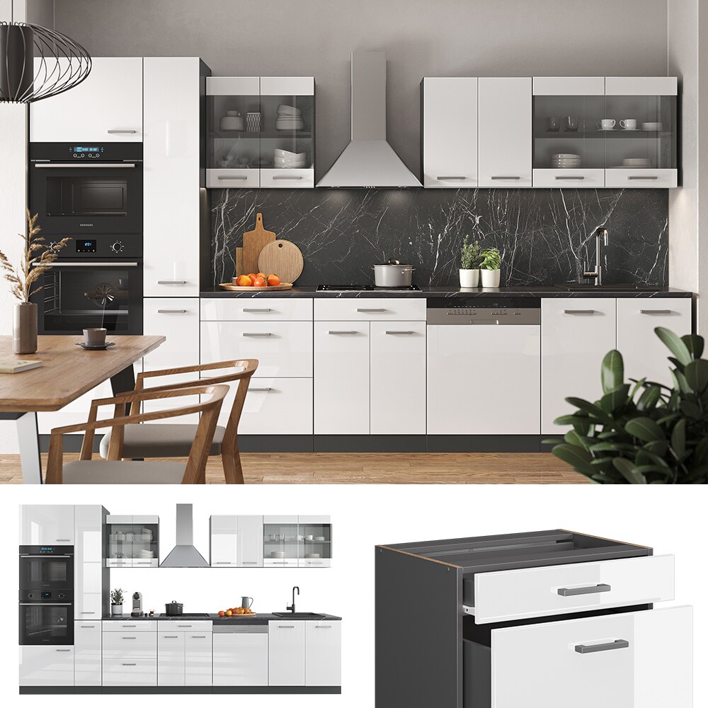 Vicco Küchenzeile Küchenblock Einbauküche R-Line 350 cm Anthrazit Weiß Hochglanz Küche