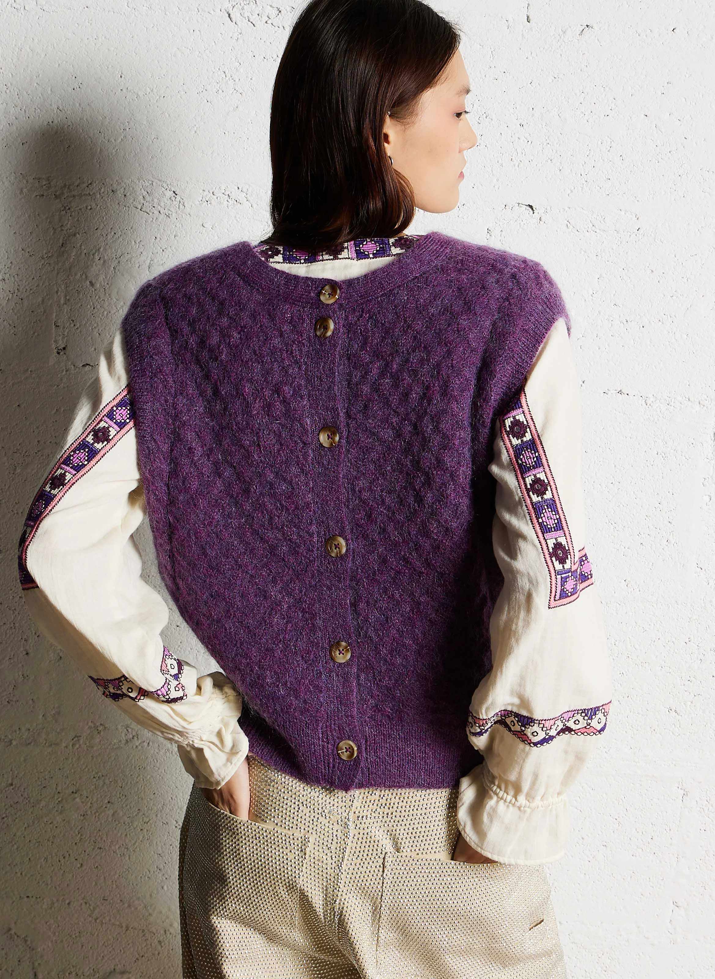 RANY - Cardigan droit col V en laine mélangée | Violet