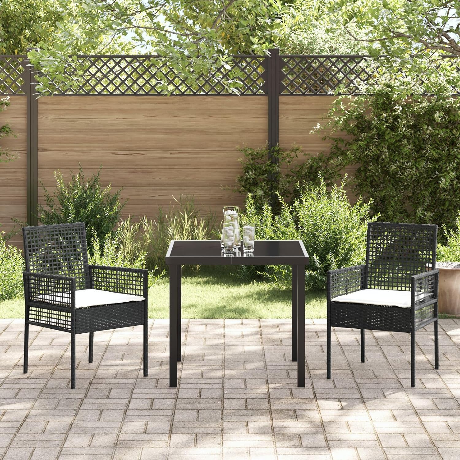 5-teiliges Gartenmöbel-Set mit braunen Kissen aus Polyrattan, rechteckigem Tisch und 4 Stühlen für Balkon und Terrasse, Gestell aus robustem und witterungsbeständigem Stahl