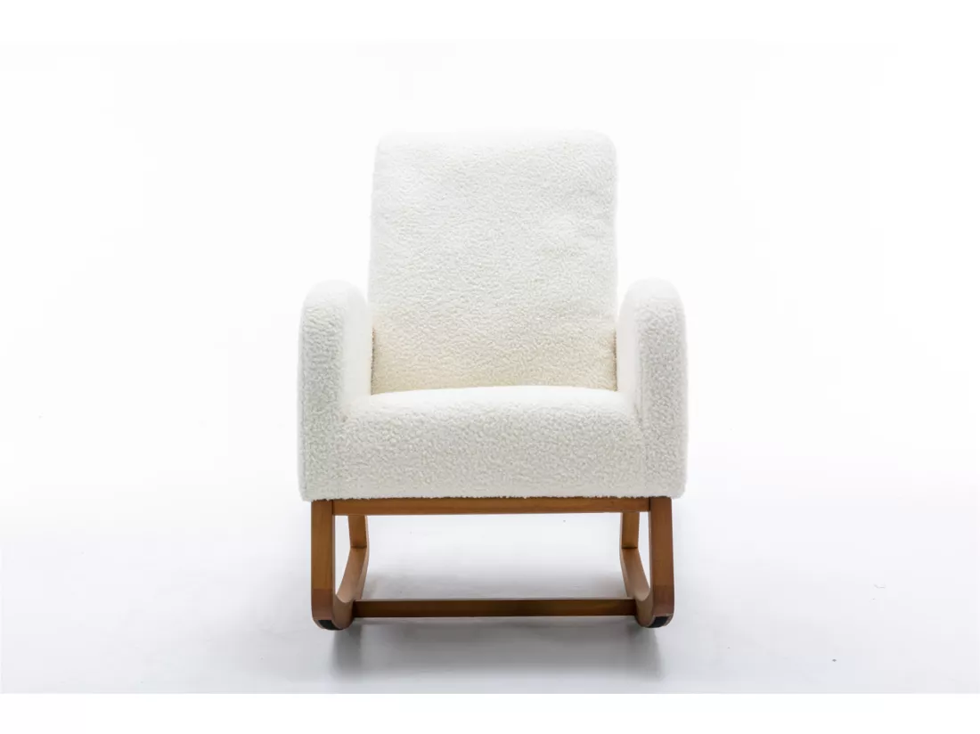 Fauteuil à bascule souple Mid-Century - Style moderne - Pour chambre d'enfant et salon - Dossier haut rembourré - Chaise à bascule coulissante accentuée (peluche blanche)Marque : MUZHIXIANG