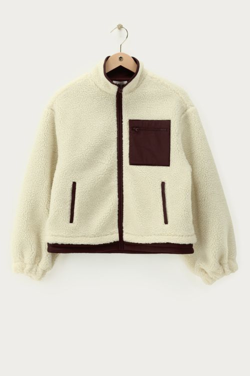 Beige teddy jas met bruine details