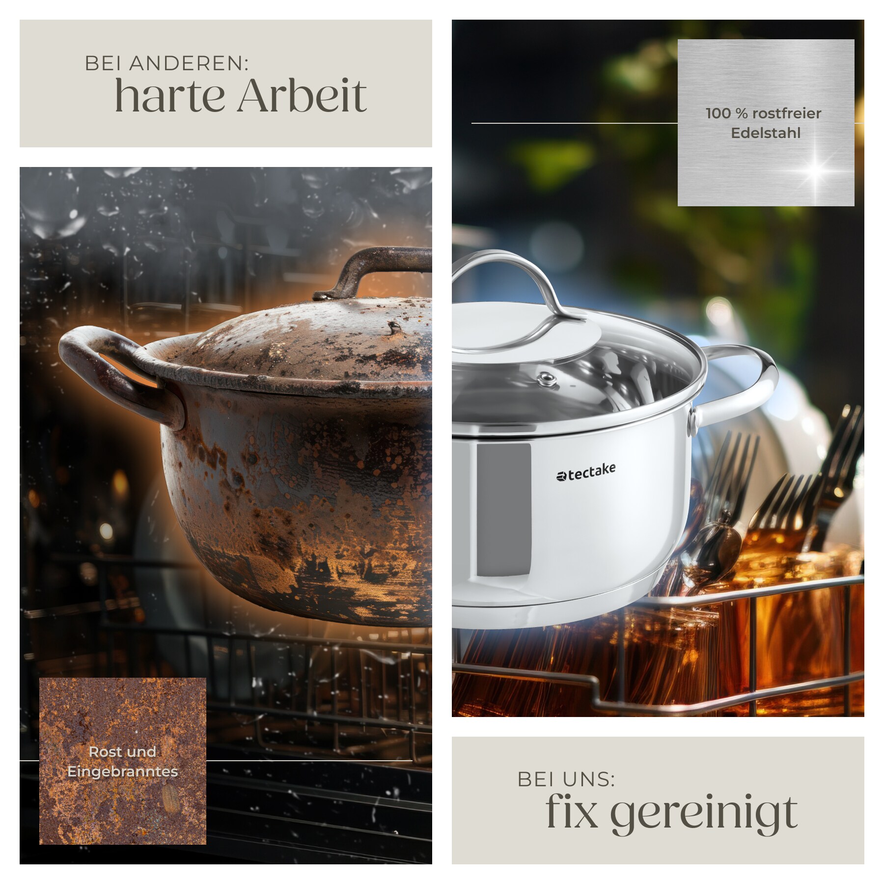 tectake® Kochtopfset, 7-teilig, aus Edelstahl, für Induktion geeignet, Glasdeckel mit Dampfabzug, integrierte Messskala in den Töpfen