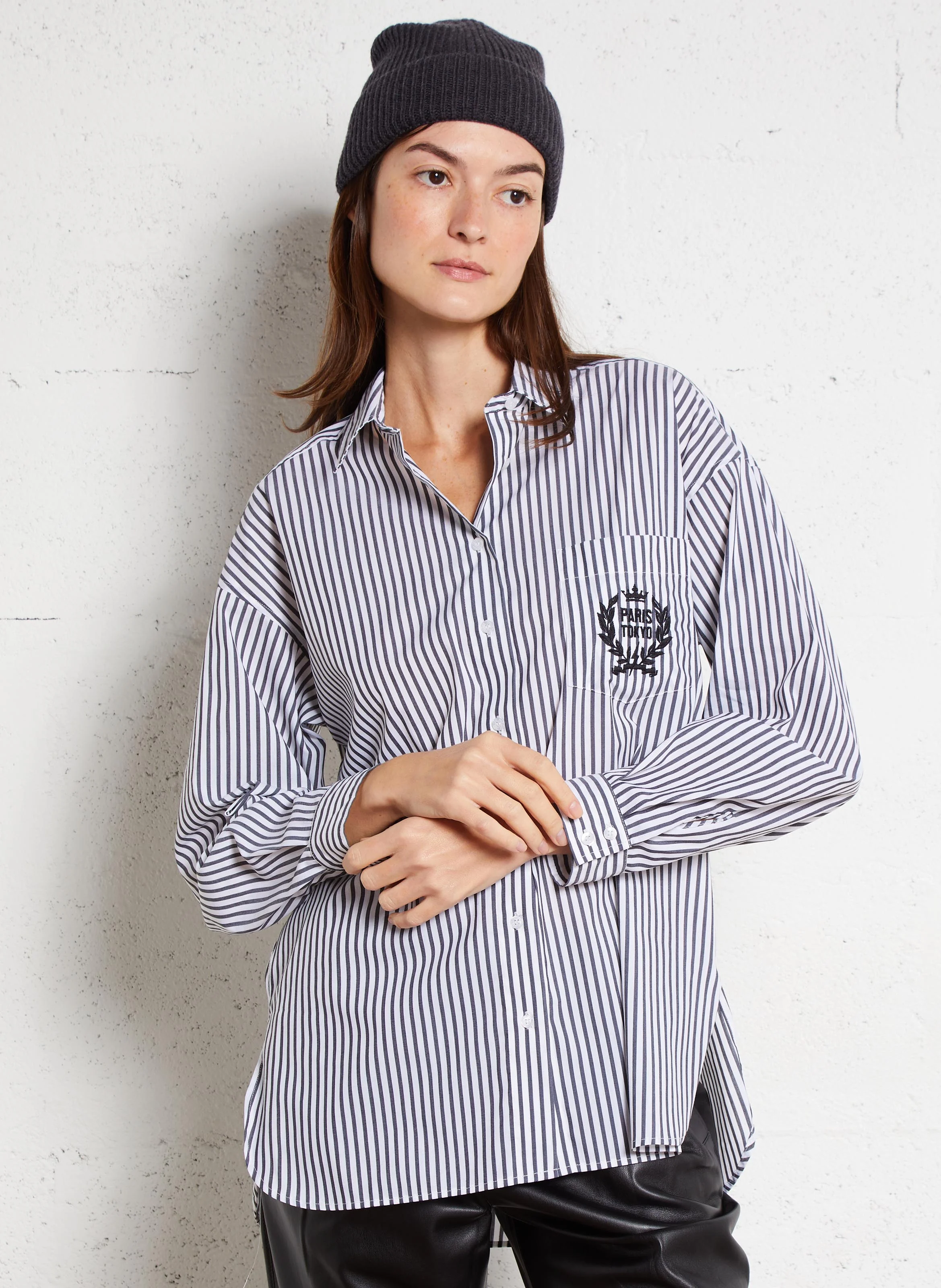 Chemise droite col classique en coton mélangé | Noir