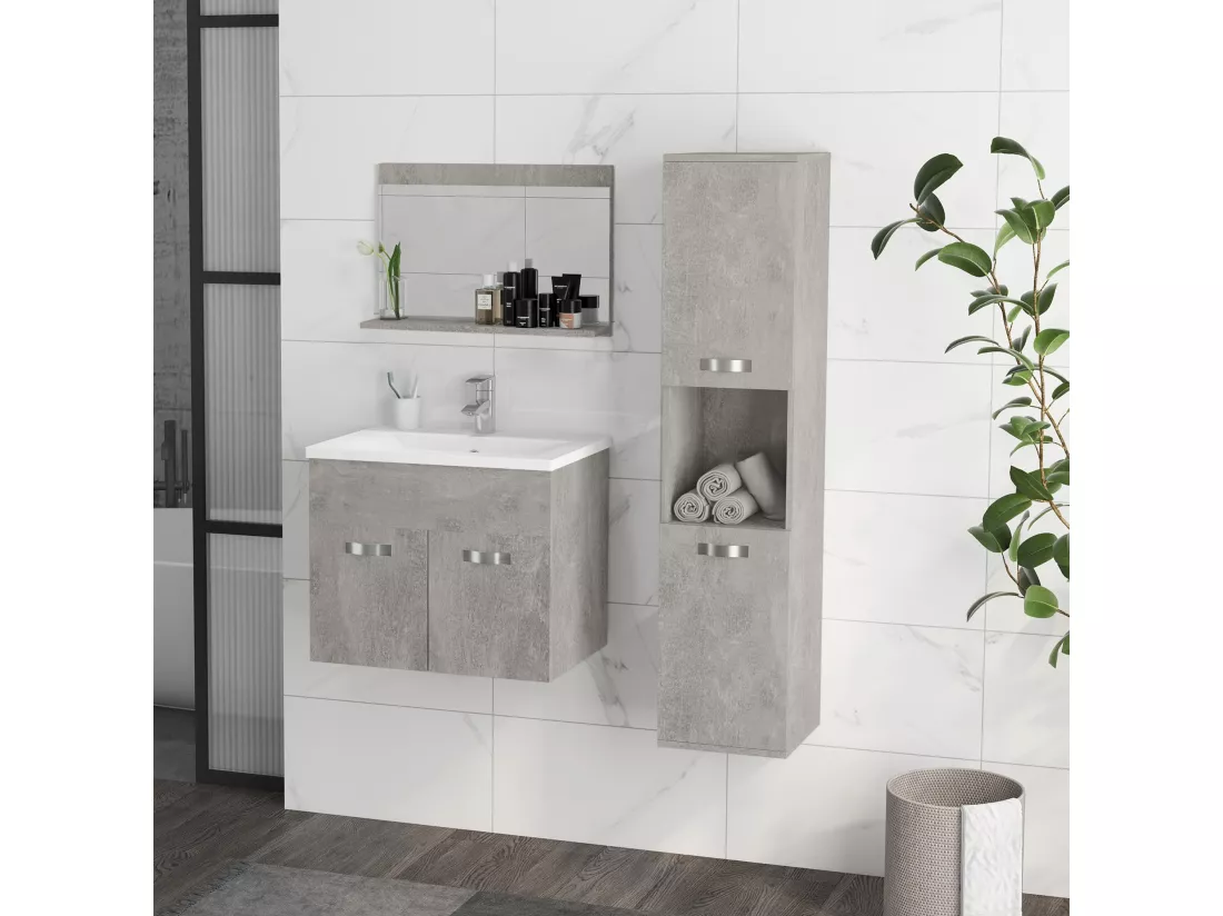 Ensemble 3 meubles salle de bain avec vasque - meuble sous-vasque suspendu, miroir, meuble colonne mural - aspect béton ciré