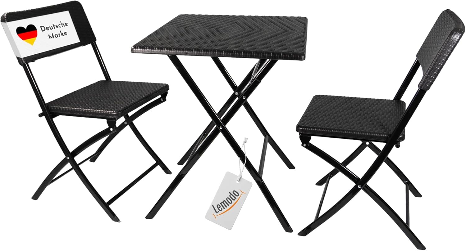 Lemodo Balkonmöbel Set 3-teilig bestehend aus 2X Balkon Stühle und 1x Balkontisch, Balkon Set für 2 Personen, klappbares Bistroset in Rattan-Optik, stabiles Balkonset