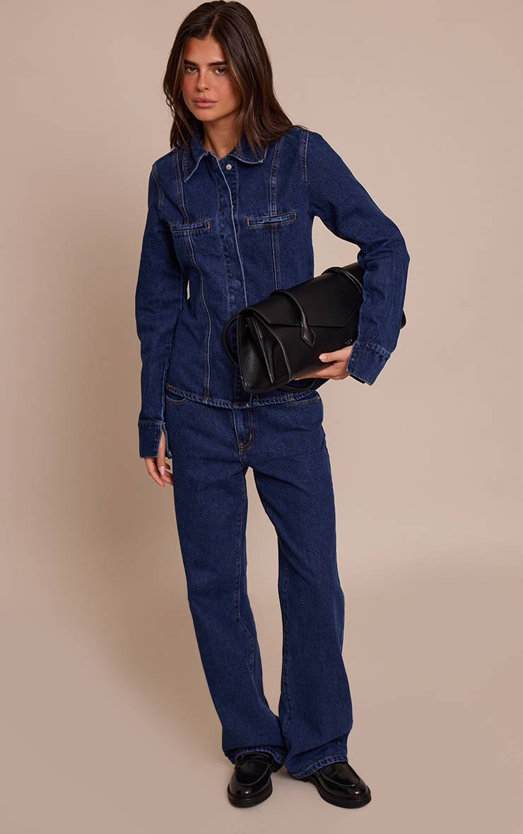 Bleu Indigo Chemise Ajustée Chocolat Foncé Avec Détails De Coutures